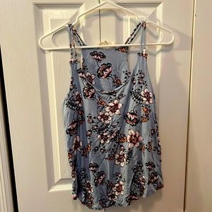 double strapped blue tank top with pink and white flowers